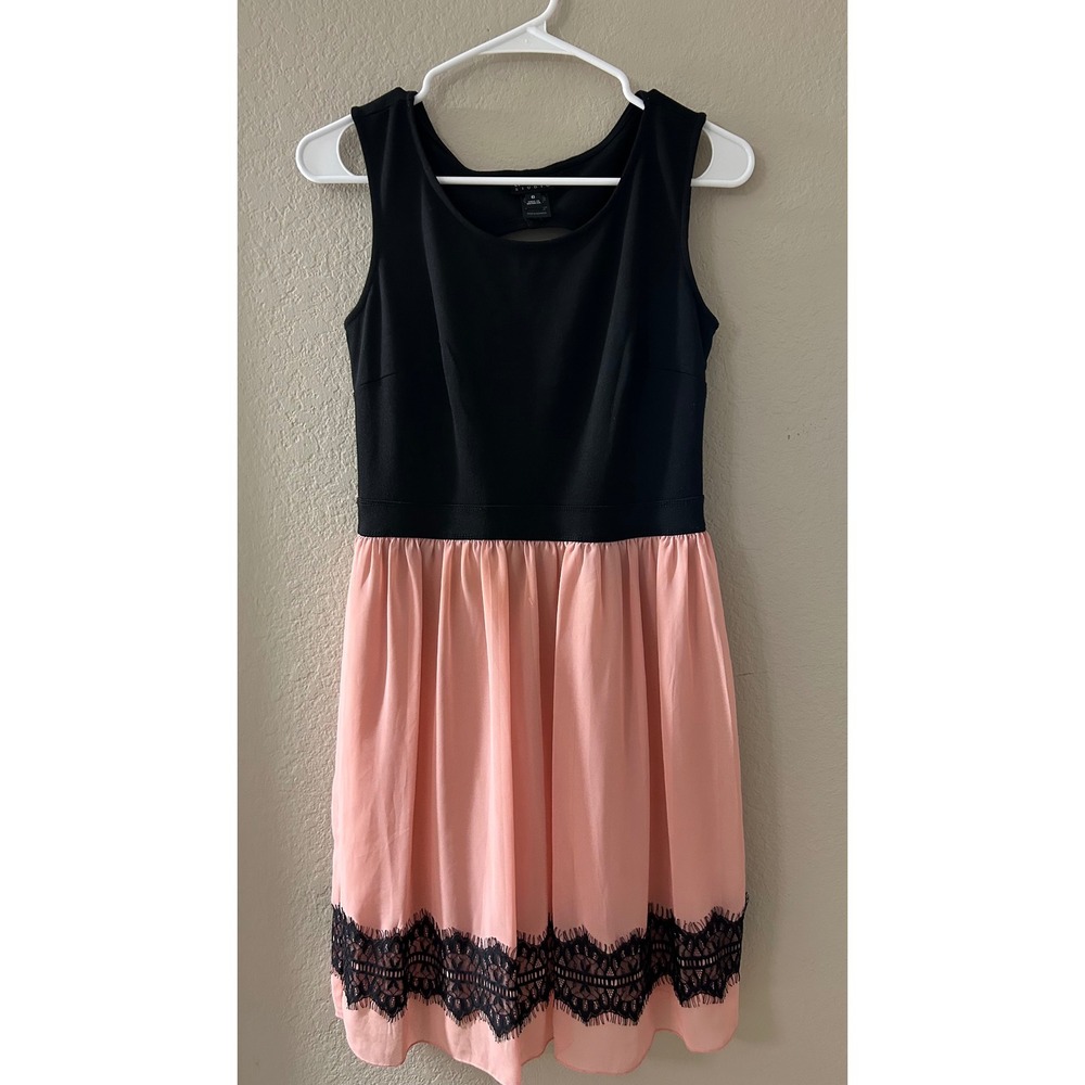 En Focus Studio Women Black Peach Pink Lace Trim Cutout Back Dress 6 1523N